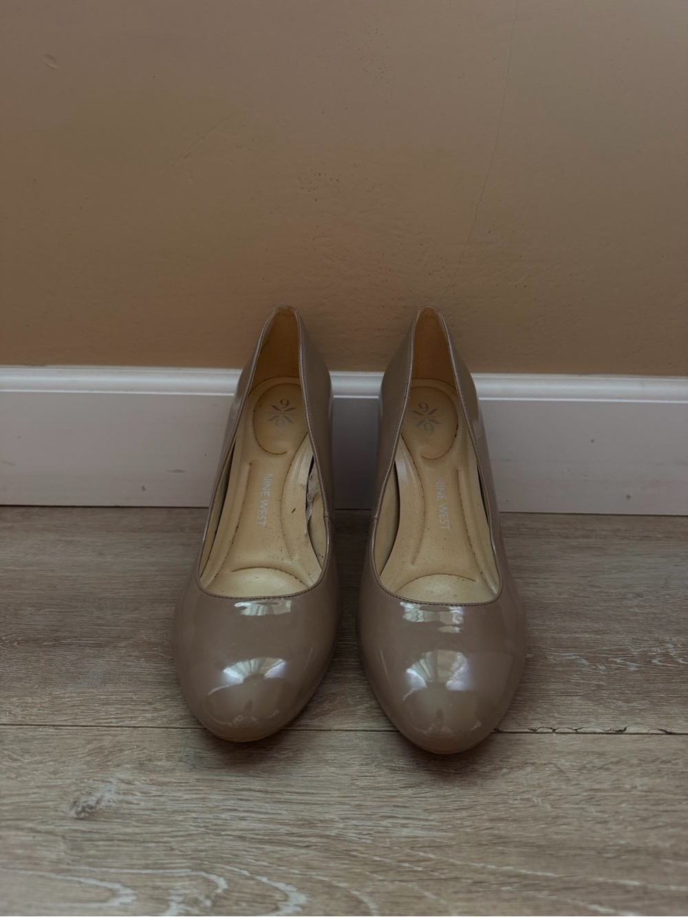 Nine West Women's Taupe Patent Round-Toe Pumps